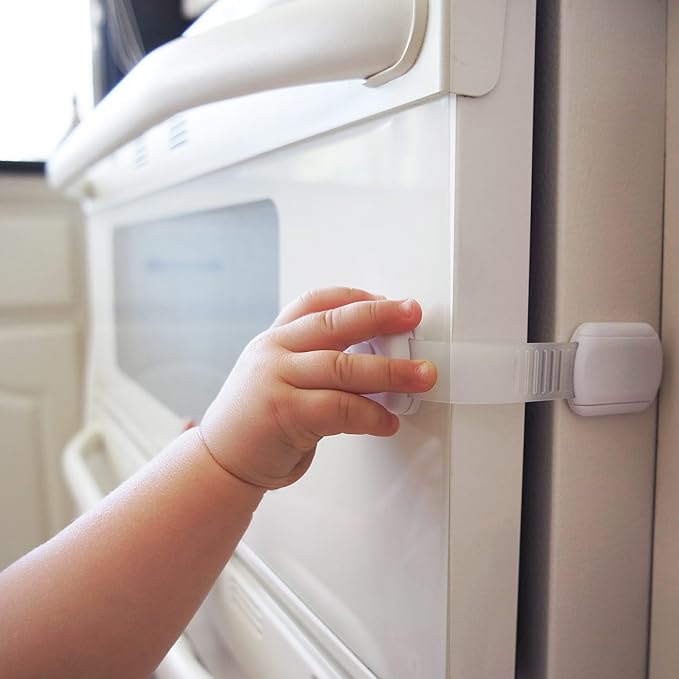 Child Safety Cabinet Locks (4 Pack) – Adjustable Baby Proofing Strap Latches with Strong 3M Adhesive – No Drill Childproof Locks for Drawers, Cabinets, Fridge, Door, Closet, Grey
