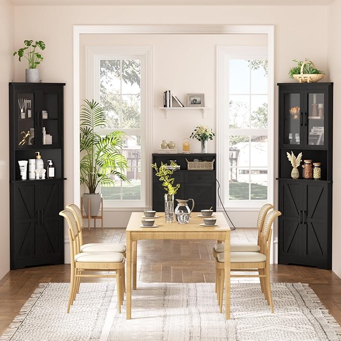 67''H Black Tall Farmhouse Corner Storage Cabinet with 4 Tempered Glass Doors and Barn Doors, Narrow Bathroom Cabinet with 5 Adjustable Shelves, Corner Hutch for Kitchen, Dining Living Room