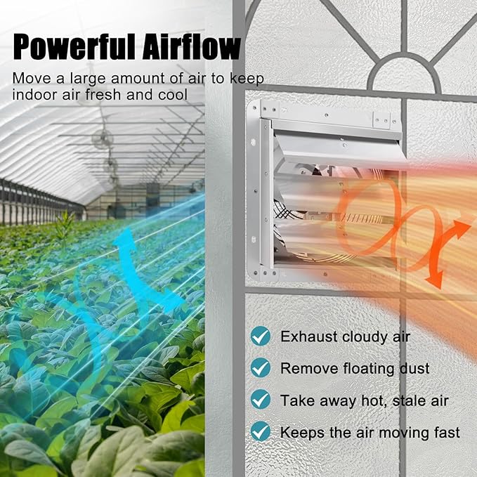 12 Inch Shutter Exhaust Fan for Garage, Greenhouse, Attic, Chicken Coop, Shop, Shed, Basement Ventilation, 970 CFM 1680RPM High Speed Wall Mounted Vent Fan with ON/OFF Switch 1.8M Power Cord Kit