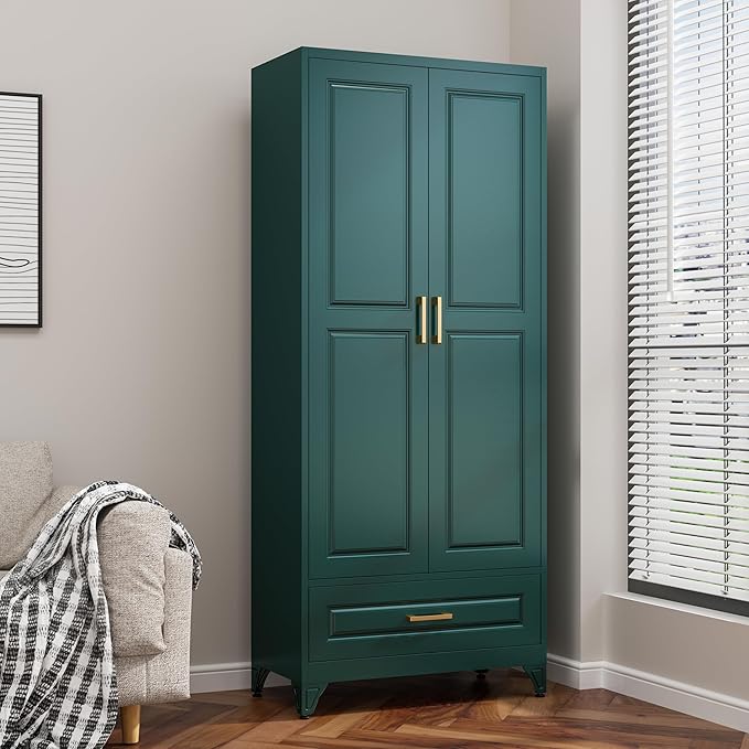 75” Kitchen Pantry Storage Cabinet,Metal Tall Storage Cabinet with Drawers and Adjustable Shelves,Modern Kitchen Hutch Cabinets,Freestanding Cupboard for Living Room,Green