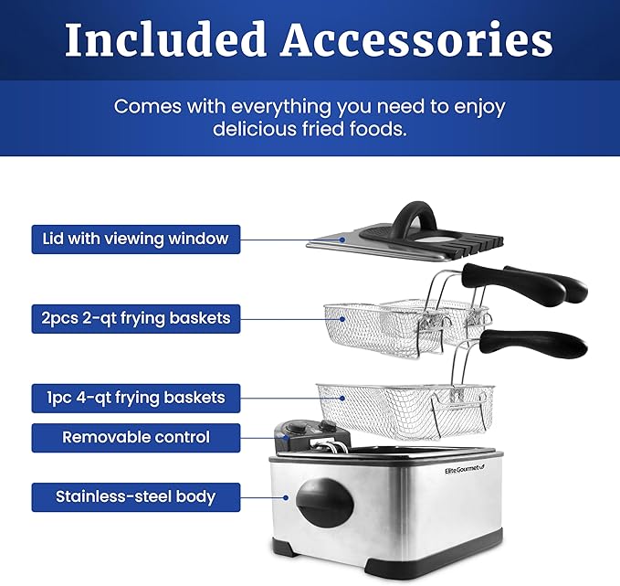 Elite Gourmet EDF-401T Electric 4.5 Qt. / 17 Cup Immersion Deep Fryer 3-Baskets, 1700-Watt, Timer Control Adjustable Temperature, Lid with Viewing Window and Odor Free Filter