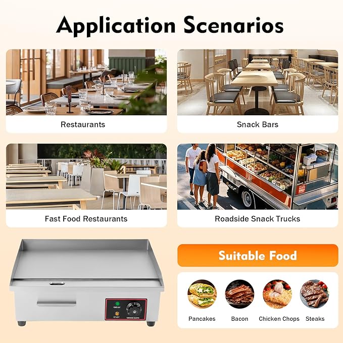 22" Commercial Electric Griddle, 110V 1600W Electric Stove Countertop Flat Top Grill Non-Stick Stainless Steel Teppanyaki Grill with Plug, Adjustable Temperature Control 122°F-572°F