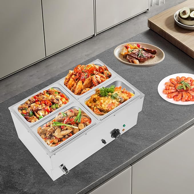 Commercial Food Warmer Stainless Steel Bain Marie Buffet Food Warmer Steam Table Electric Countertop Steam Table Container with 86-185°F Temp Control for Catering Restaurants (4-Pan)