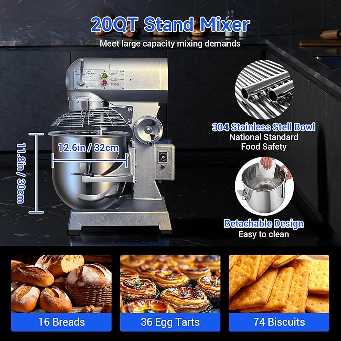 20Qt Commercial Stand Mixer with Timing Function,1100W Commercial Mixer 3-Speed Adjustable,Electric Stand Commercial Dough Mixer with Stainless Steel Bowl for Bakery Pizzeria