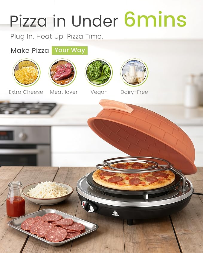 Electric Pizza Oven - 12-Inch Indoor Pizza Ovens Countertop - 1200W Pizza Maker Heats up to 800˚F by Ceramic Stone, Temperature Control, Viewing Window, PM-05