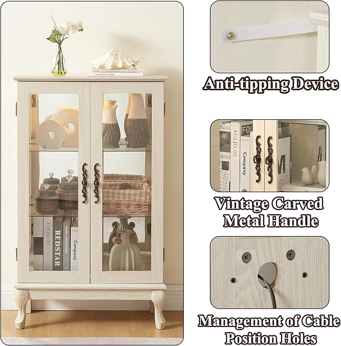 43" H Lighted Curio Cabinet Display Case, Glass Curio Cabinet with Adjustable Shelves & Tempered Glass Door, Wooden Cabinets with Mirrored Back Pane for Living Room (Antique White)