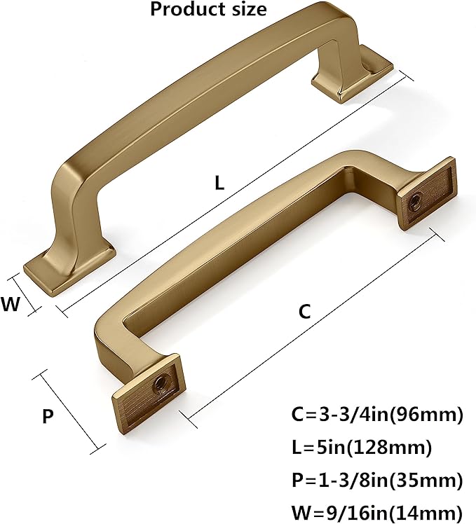 kHTumeWare 2 Pack 3-3/4 Inch Cabinet Handles - Brushed Brass and Gold Drawer Pulls - Cupboard and Drawer Hardware