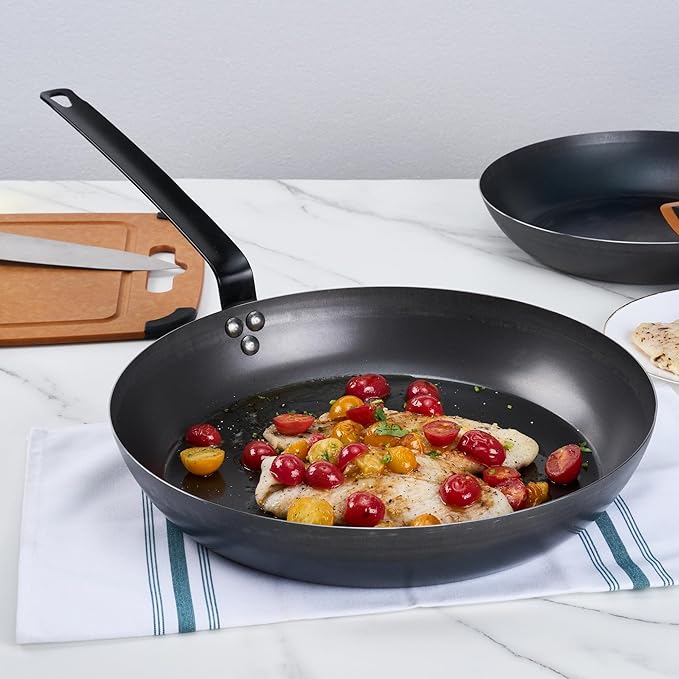 Restaurantware-Met Lux 14 Inch Fry Pans, 6 Lightweight Frying Pans - Induction-Ready, Triple-Riveted, Black Carbon Steel Cooking Skillets, Durable, For Searing, Sauteing, And Browning Food