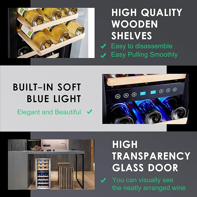 Phiestina Wine Cooler Refrigerator 16 inch Freestanding Wine Refrigerator 33 Bottles Dual Zones Mini Wine Fridge Auto Defrost with Temperature Memory Glass Door 7 Removable Shelves Quiet