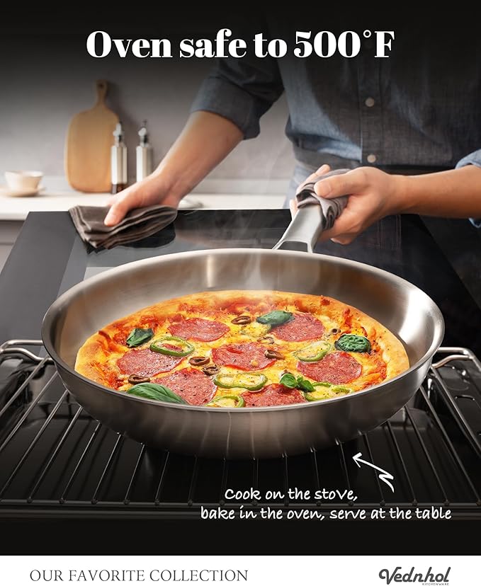 Stainless Steel Frying Pan with Stainless Steel Handle,12 Inch Tri-Ply Stainless Steel Skillet,Brushed Steel Pan for Cooking,Dishwasher and Oven Safe,Induction&All Stove Compatible