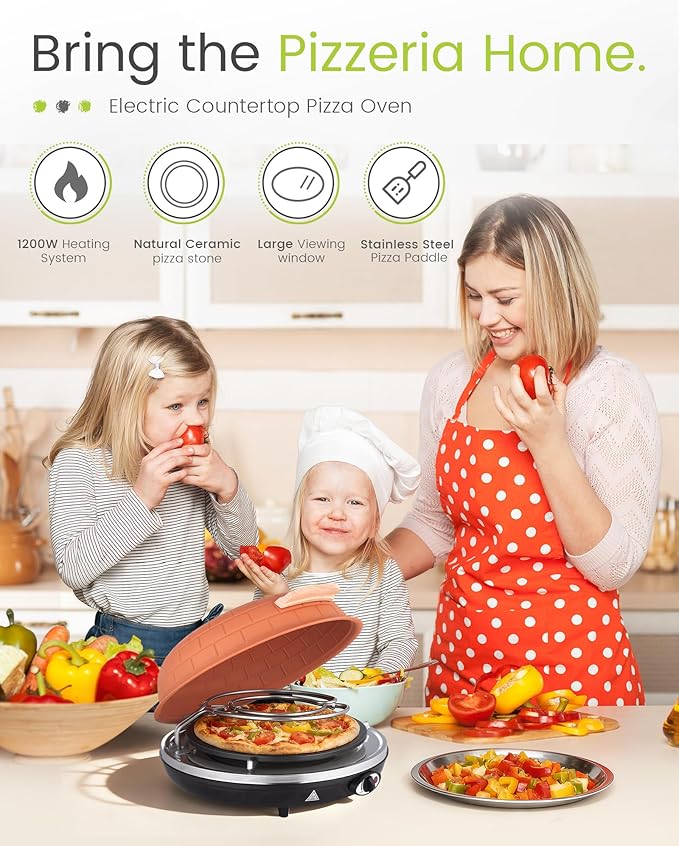 Electric Pizza Oven - 12-Inch Indoor Pizza Ovens Countertop - 1200W Pizza Maker Heats up to 800˚F by Ceramic Stone, Temperature Control, Viewing Window, PM-05