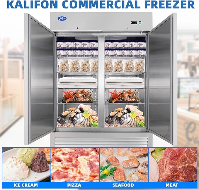 Commercial Freezer, 54"W Commercial Refrigerators, 49 Cu.Ft Commercial Reach-in Freezer, ETL Upright 2 Doors Auto-Defrost, Commercial Freezer Upright with 8 Shelves for Restaurant, Bar, Market