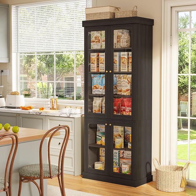 70.8" Bookshelf with Glass Doors, Farmhouse Modular Bookcase with 6-Tier Adjustable Shelves, Large Storage Cabinet for Living Room & Home Office, Black