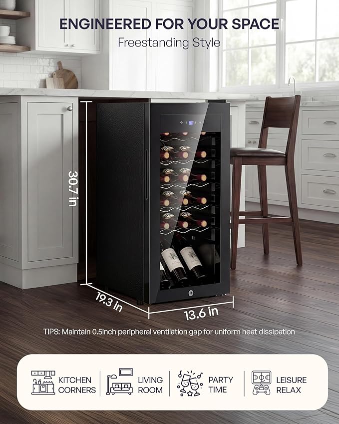 18 Bottle Compressor Wine Cooler Refrigerator，Freestanding Wine Fridge with Digital Temperature Control & Double-layer Glass Door, 41-64°F Wine Cellar for Red Wine, Champagne, Beer, Black