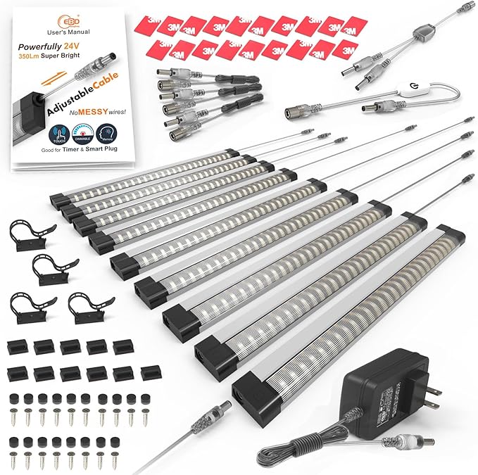 EBD Under Cabinet Lighting Touch Under Cabinet Lights Built-in 45cm Adjustable Cable, Splitter & 3 External Cable, 9 Panel 6500K Coolwhite 3150Lm Kitchen Under Counter Lights