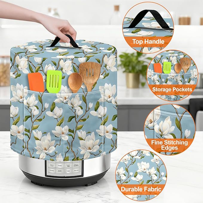 Kitchen Appliance Accessories Dust Cover for 3-6-8 Quart Instant Pot, Pressure Cooker, Air Fryer & Crock Pot,Decorative Appliance Cloth Cover with Top Handle & Storage Pockets (Light blue, 8 Quart)