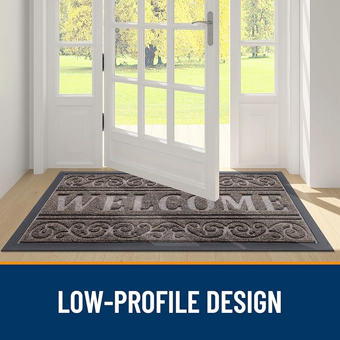 OLANLY Welcome Door Mat Indoor Outdoor Entrance, Heavy Duty Sturdy Front Door Mat, Waterproof All-Weather Doormat, Stain Resistant, Low Profile, Easy Clean Patio Entryway Mat, 36 x 24, Medium Brown