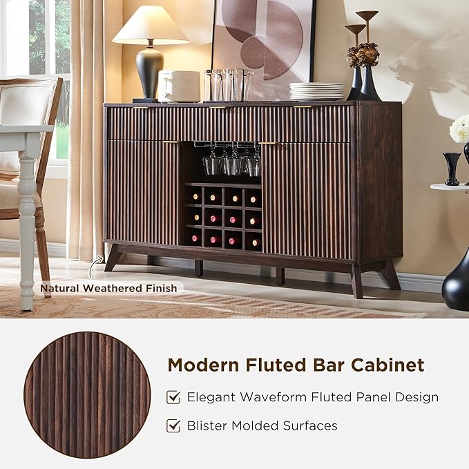 OKD 60" Fluted Buffet Cabinet with Storage - 3 Drawers and 2 Doors, Mordern Wine & Coffee Bar Cabinet with Wine and Glass Racks, Sideboard with Adjustable Shelves for Kitchen, Dining Room,Walnut
