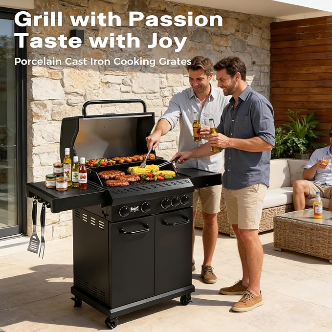 4-Burner Propane Gas Grill, 50,000 BTU Heavy Duty Outdoor BBQ Grill with Side Burner, Cast Iron Cooking Grates & Griddle for Backyard Barbecue