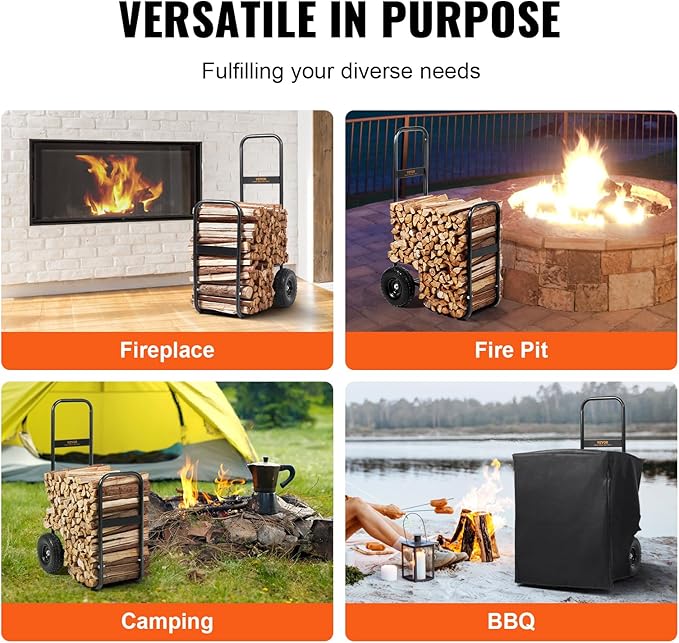 VEVOR Firewood Cart, 250 lbs Capacity, Black Heavy Duty Steel Dolly Hauler with PU Wheels & Waterproof Cover, Outdoor and Indoor Wood Rack Storage Mover, Firewood Carrier for Fireplace, Fire Pit