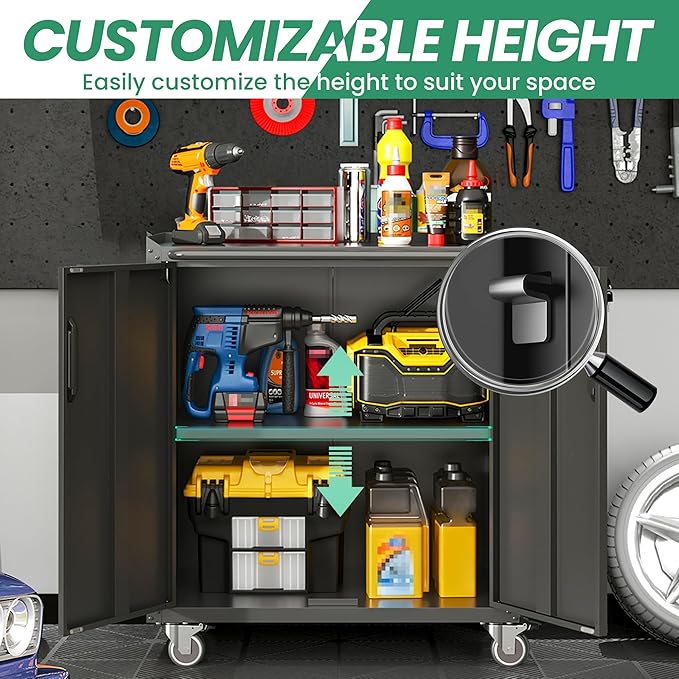 Garage Cabinets,Metal Garage Storage Cabinet with Wheels,Black Lockable Rolling Tool Cabinet with Drawer and Adjustable Shelves,Heavy Duty Tool Chest for Home Office Utility Room