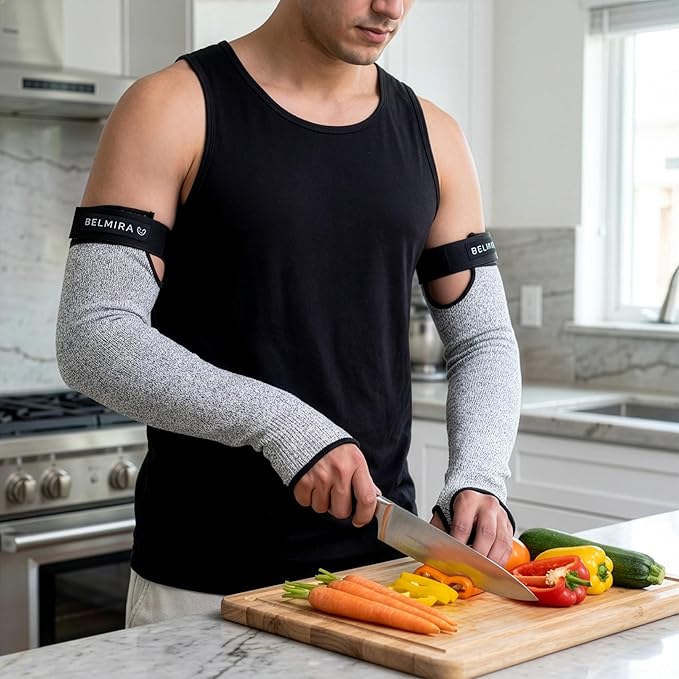 Belmira Cut Resistant Sleeves with Thumb Hole - ANSI A4 Arm Protectors for Thin Skin and bruising, Thorn Proof Gardening Sleeves for Men & Women With Adjustable Fit (1 Pair, 18", Grey)