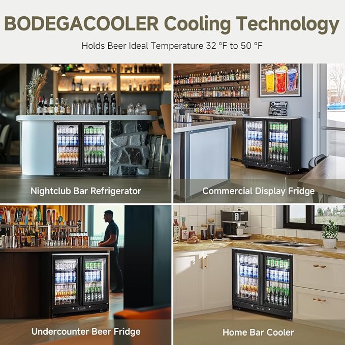 BODEGACOOLER Back Bar Cooler With 2 Glass Doors,Beverage Refrigerator 7.7 Cu.Ft Commercial Display Bar Fridge LED Lighting,36 inch Height Beverage Cooler for Soda Drinks,Beer with Stainless Steel Top