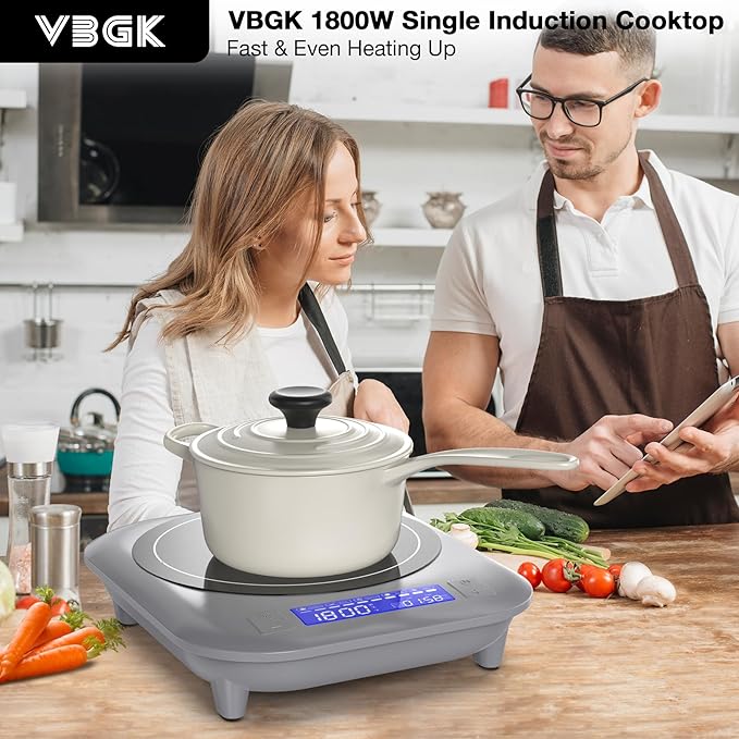 VBGK Induction Cooktop, 1800W Single Burner Induction Burner,Hot Plate with 5 Cooking Modes,Stove Top with 9 Temperature Levels, 4H Timer