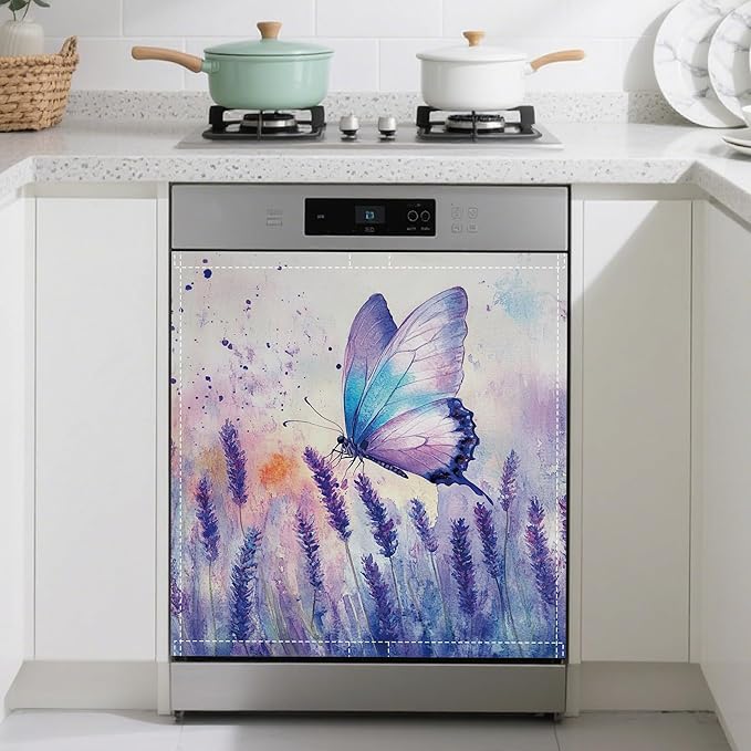 Dishwasher Magnet Cover,Purple Lavender Dishwasher Cover Magnetic Butterfly Home Appliances Refrigerator Decorative 23" x 26"