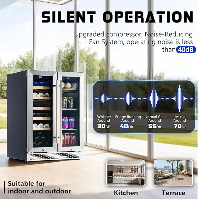 Jocisland Beverage Refrigerator, 24-Inch Dual Zone Fridge Cooler with Glass Door, Built-In or Freestanding for Wine and Beer, Holds 20 Bottles & 78 Cans, 34–64℉ & 41–68℉ for Kitchen, Bar, Office