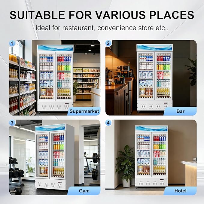 42”W Commercial Glass Door Display Refrigerator 30 Cu.ft White Cooler Beverage Fridge with LED Light and 10 Shelves for Cafe Restaurant Store Bar