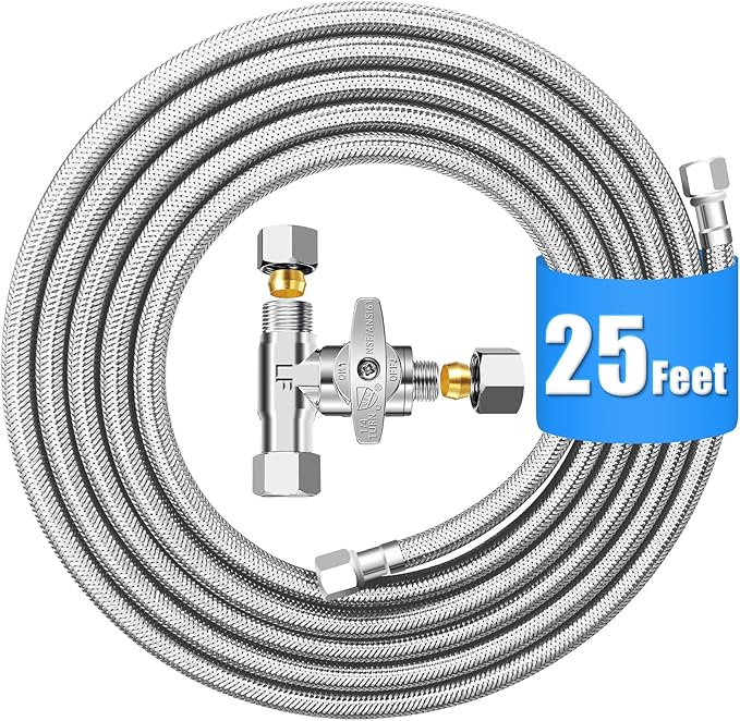 Fridge Water Line Kit - 25FT Premium Stainless Steel Braided Refrigerator Water Line with Tee Stop Valve,Foodgrade PEX Inner Tube Ice Maker Water Line with 1/4" Fittings for Refrigerator Ice Maker