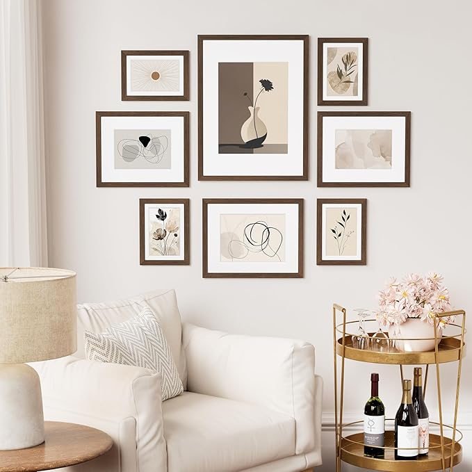 Vittanly 12x12 Picture Frame Set of 2, Solid Wood Frame for Wall Art Photo and Prints, Display Photo 8x8 with Mat or 12x12 without Mat, Brown