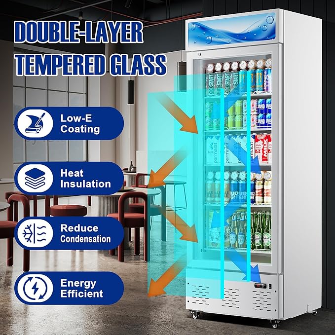 27”W Commercial Glass Door Display Refrigerator 15 Cu.ft White Cooler Beverage Bridge with LED Light and 5 Shelves for Cafe Restaurant Store Bar