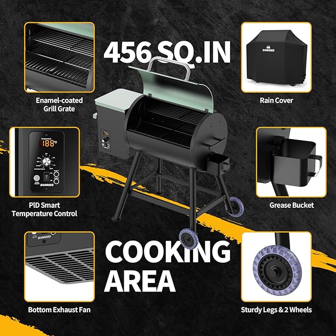 Electric Wood Pellet Smoker Grill 8 In 1 BBQ Grills for Outdoor Grill with Auto Feed & PID Temperature Control (180-450°F) and Rain Cover 456 Sq.In Cook Area for Backyard New House Gifts