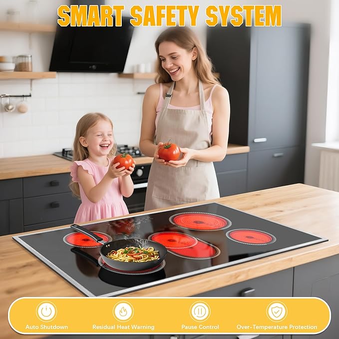 Electric Cooktop 36 Inch, 5 Burners Electric Stove Top Touch Control, 8400W Built-in Ceramic Stovetop 36" with Expandable Zone, Child Lock, Timer, Pause Control, 220-240v Hardwired (No Plug)