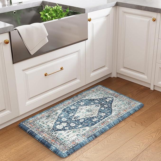 Collive Cushioned Anti-Fatigue Mats, Boho Non-Slip Waterproof Kitchen Floor Mat, Comfortable Standing Carpet for Sink, Laundry, Office, Work, 17.3''x30'' Dark Blue