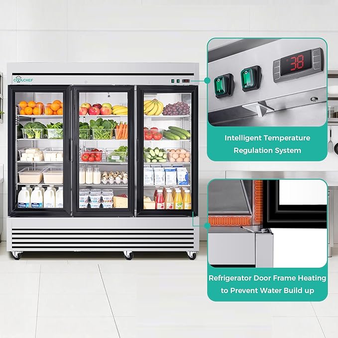 81" Commercial Glass Door Refrigerator, 72 Cu.Ft Triple-Door Reach-In Cooler, 33–40℉, Triple-Layer Low-E Glass, 12 Shelves, R290