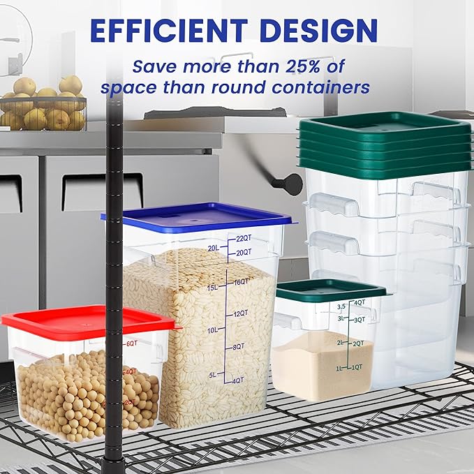 4 Pack Food Storage Containers, 12 Quart with Lids, Square Commercial Containers with Scale, NSF, Polycarbonate, Clear