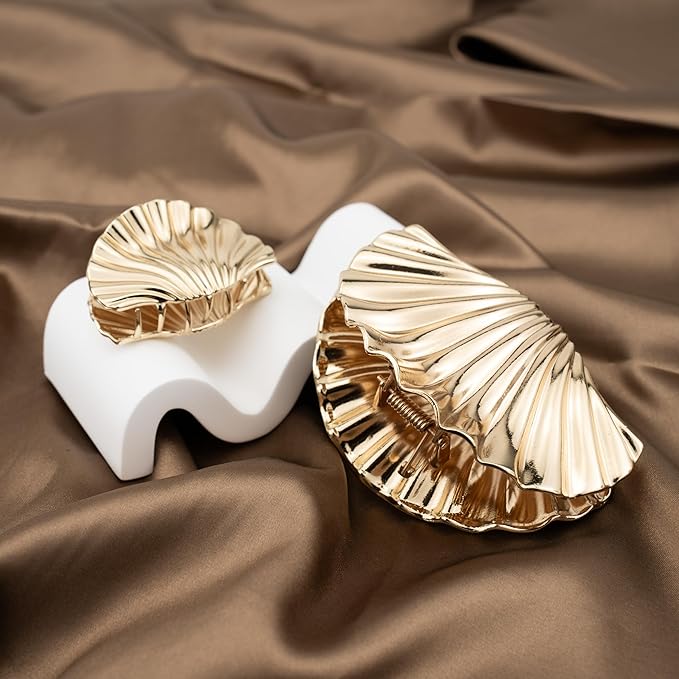 4PCS Gold Hair Set - 2 Metal Hair Ties + 2 Shell Hair Clips, Non-Damage Ponytail Holders & Decorative Hair Clips