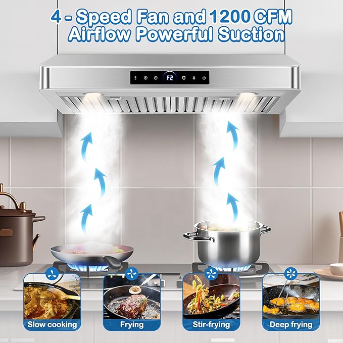 30 inch Under Cabinet Range Hood 1200 CFM with 4-Speed Gesture Sensing & Touch Control, Stainless Steel Kitchen Stove Vent Hoods with 2 LED Lights, Time Setting, Dishwasher-Safe Baffle Filters