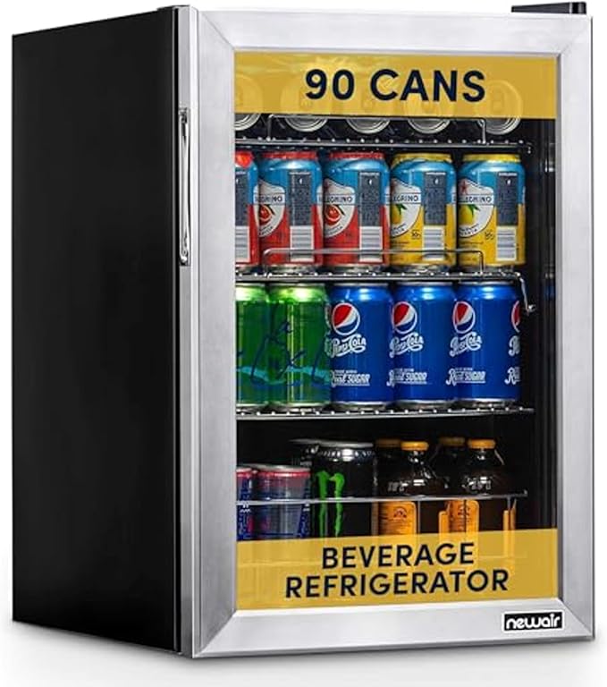 NewAir 90 Can Beverage Refrigerator | 17” Freestanding Small Mini Fridge for Bedroom, Home Bar or Office | Quiet Compressor Cooling & Adjustable Shelves | Stainless Steel
