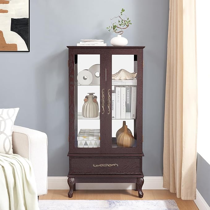 51" H Lighted Curio Cabinet Display Case, Glass Curio Cabinet with Adjustable Shelves,Tempered Glass Door and Drawer, Wooden Cabinets w/Mirrored Back Pane for Living Room (Dark Cherry)