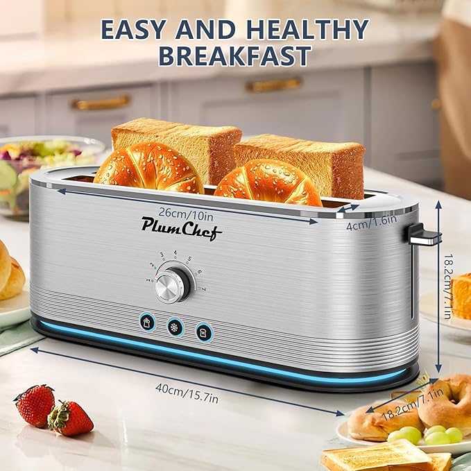 4-Slice Toaster, Extra Wide Long Slot Toaster, 7 Browning Settings, Defrost/Reheat Functions, Removable Crumb Tray, Stainless Steel Housing, Anti-Fingerprint & Anti-Jam (Stainless Steel)