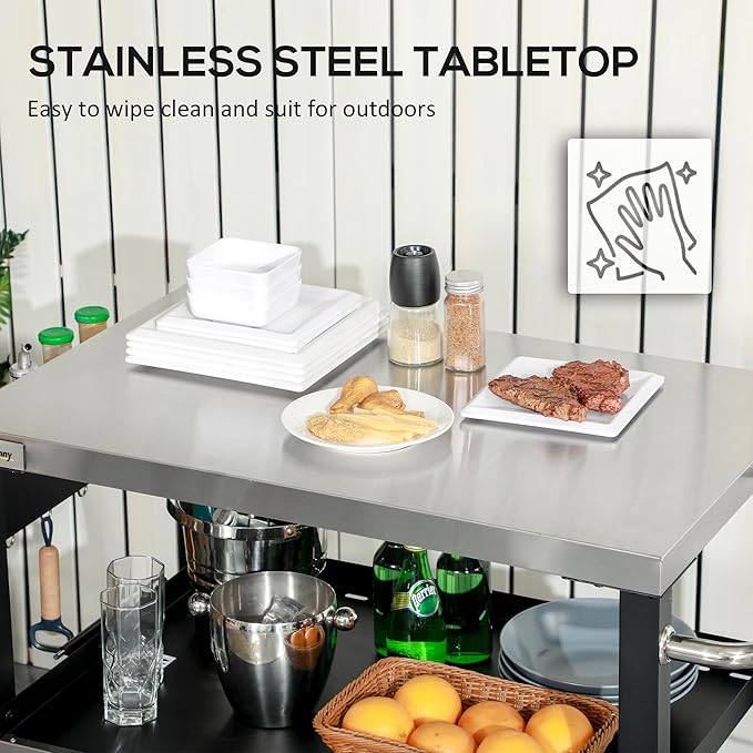 Outsunny Three-Shelf Outdoor Grill Cart with Stainless Steel Tabletop, Side Handle, 32" x 20.5" Multifunctional Pizza Oven Stand, Movable Food Prep Table on Wheels, Black