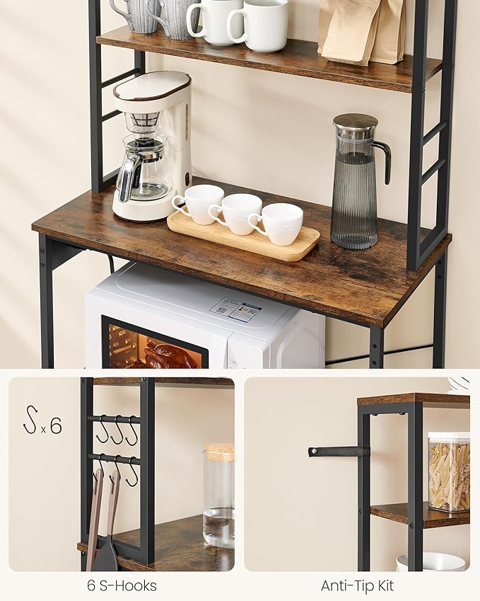 VASAGLE Bakers Rack with Power Outlet, 31.5 Inches Coffee Bar for Kitchen with Storage, 6-Tier Kitchen Shelves with 6 Hooks, Microwave Stand, Industrial, Rustic Brown and Ink Black UKKS119K01