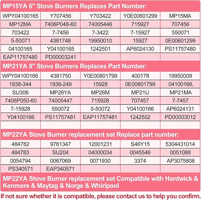 Upgraded MP22YA 4 Pack Electric Range Burner Element Unit Set, 2 x MP15YA 6" and 2 x MP21YA 8" Stove Burners Replacement for Kenmore Hardwick Maytag Norge Whirlpool Electric Range Stove Parts