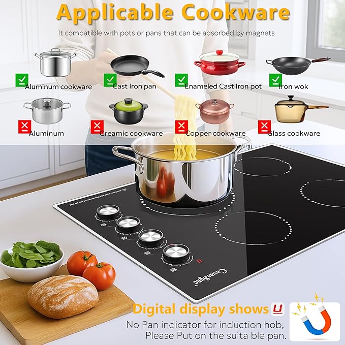 30 Inch Induction Cooktop, 4 Burner Electric Cooktop with 9 Power Levels, Knob Control, Auto shutdown and Residual Heat Warning, 6500W, 220-240V for Hard Wire