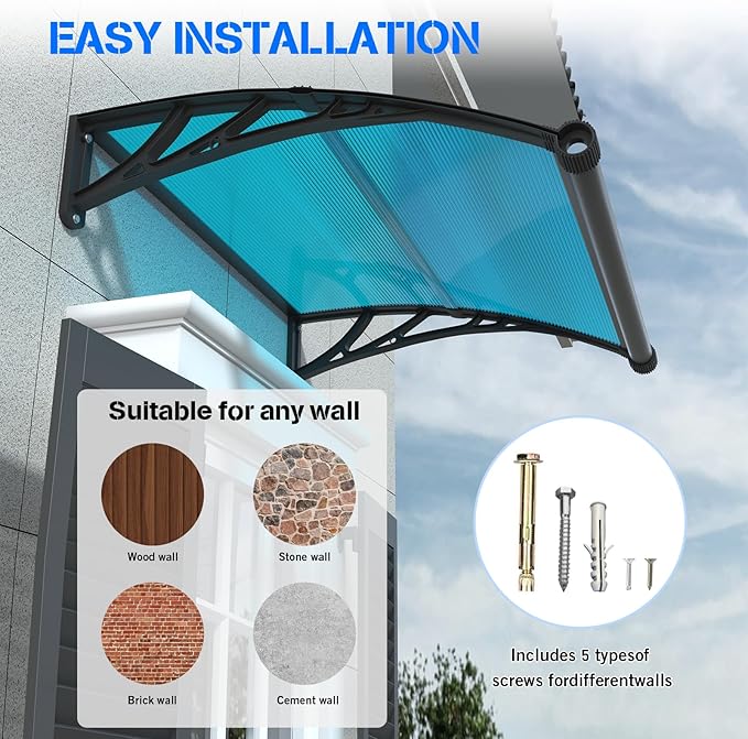 Awning for Door Entrance with Drainage Sink,40x40 Inch Awnings for Doors,Window Canopy Exterior with Plastic Steel Bracket,Polycarbonate Cover,UV,Rain,Snow Protection for House,Porch,Patio,Deck