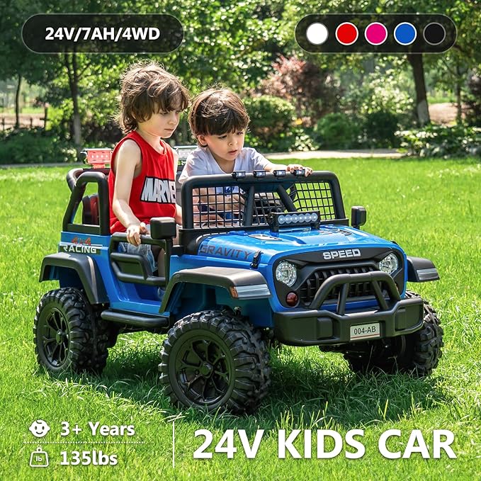 Sopbost 24V 7Ah 2 Seater Ride On Truck Ride On Toy for Big Kids Ride On Car with Remote Control Off-Road Electric Car with Shock Absorber, LED Lights, Bluetooth Music Player, EVA Tires, Blue